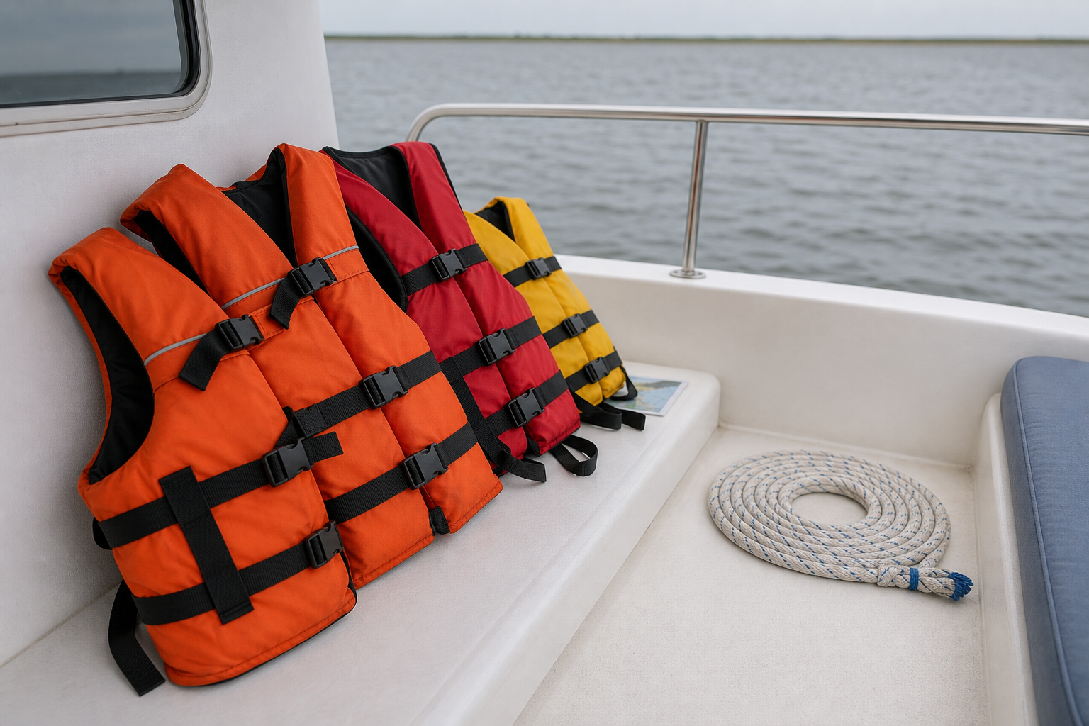 Life jackets and a neatly coiled dock line staged on Ulysses' white aft bench before a charter departs.