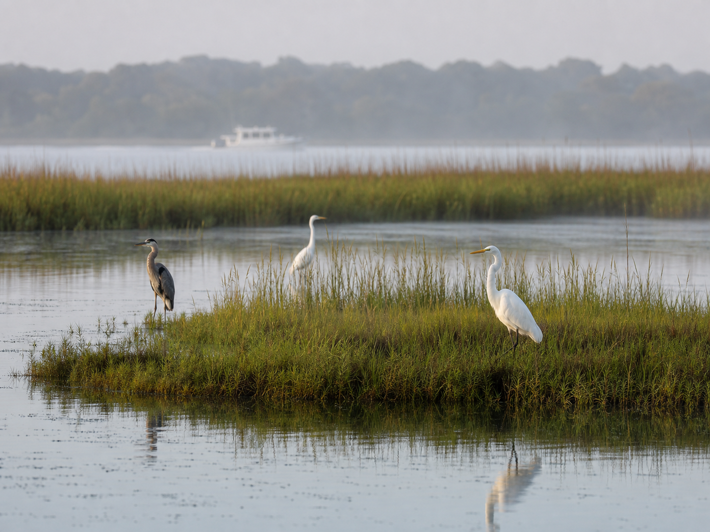 Egrets forage along a quiet marsh edge in the Currituck Sound.