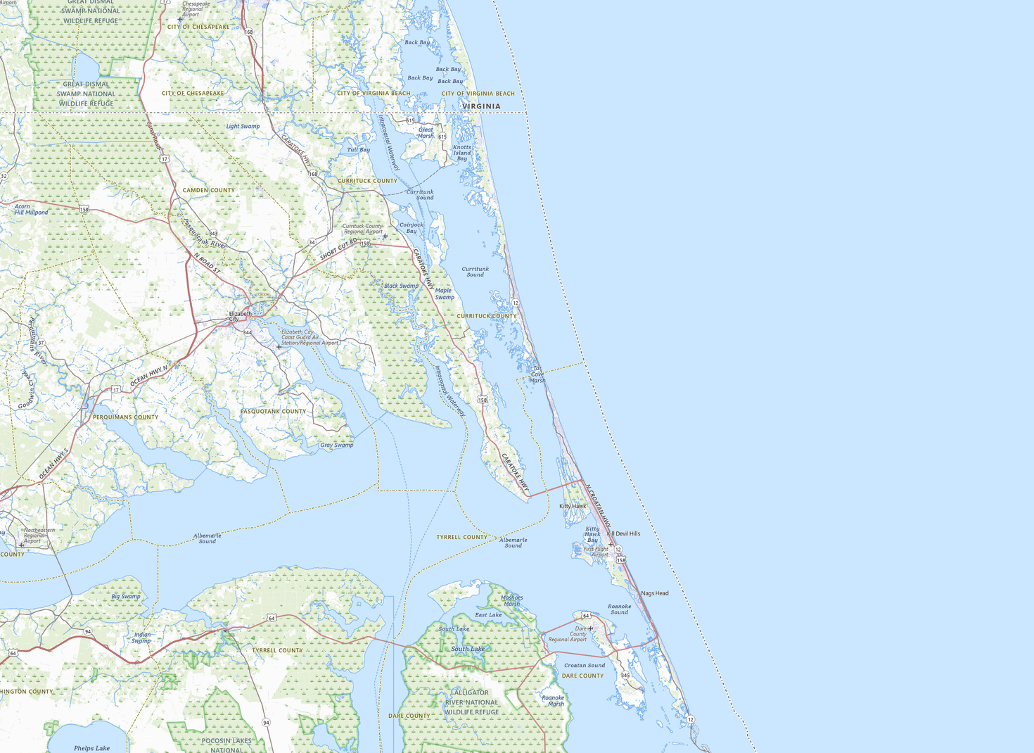 USGS Topo map of Currituck Sound and the northern Outer Banks showing Dauntless pickup and service areas including Waterlily, Duck, Grandy, Manteo, Carova, Coinjock, and Corolla.