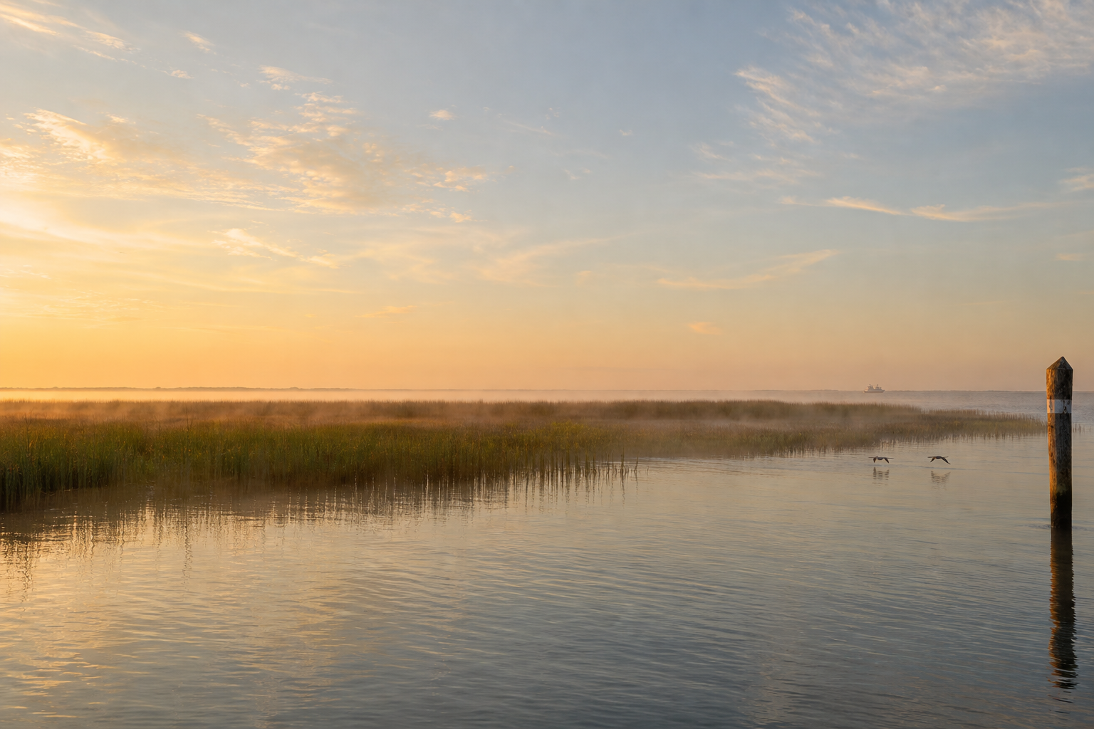 Soft sunrise light and mist over marsh grass and calm shallow water on the Currituck Sound.
