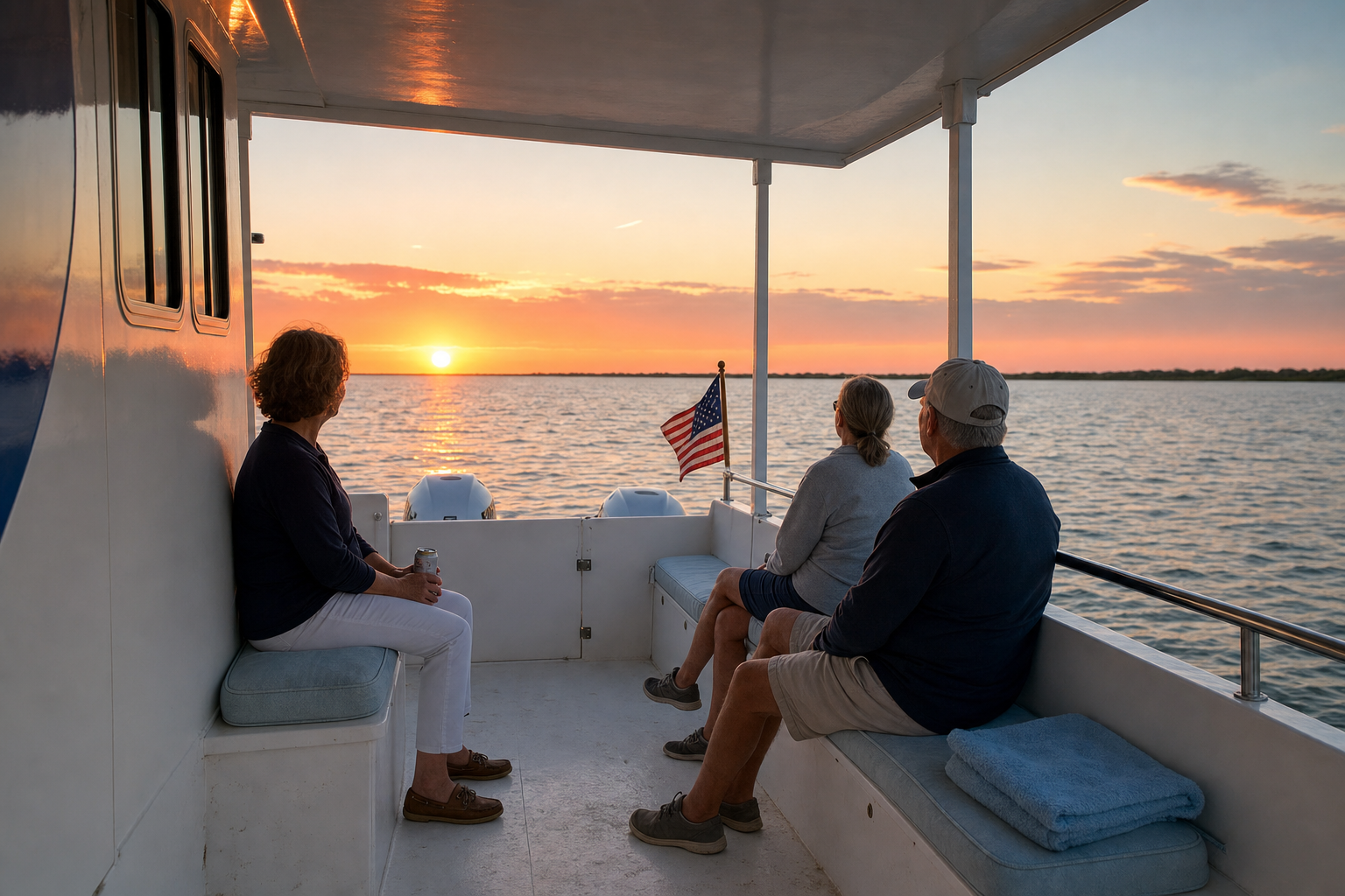 Three guests on Ulysses' covered aft deck watch the sun set over the Currituck Sound.